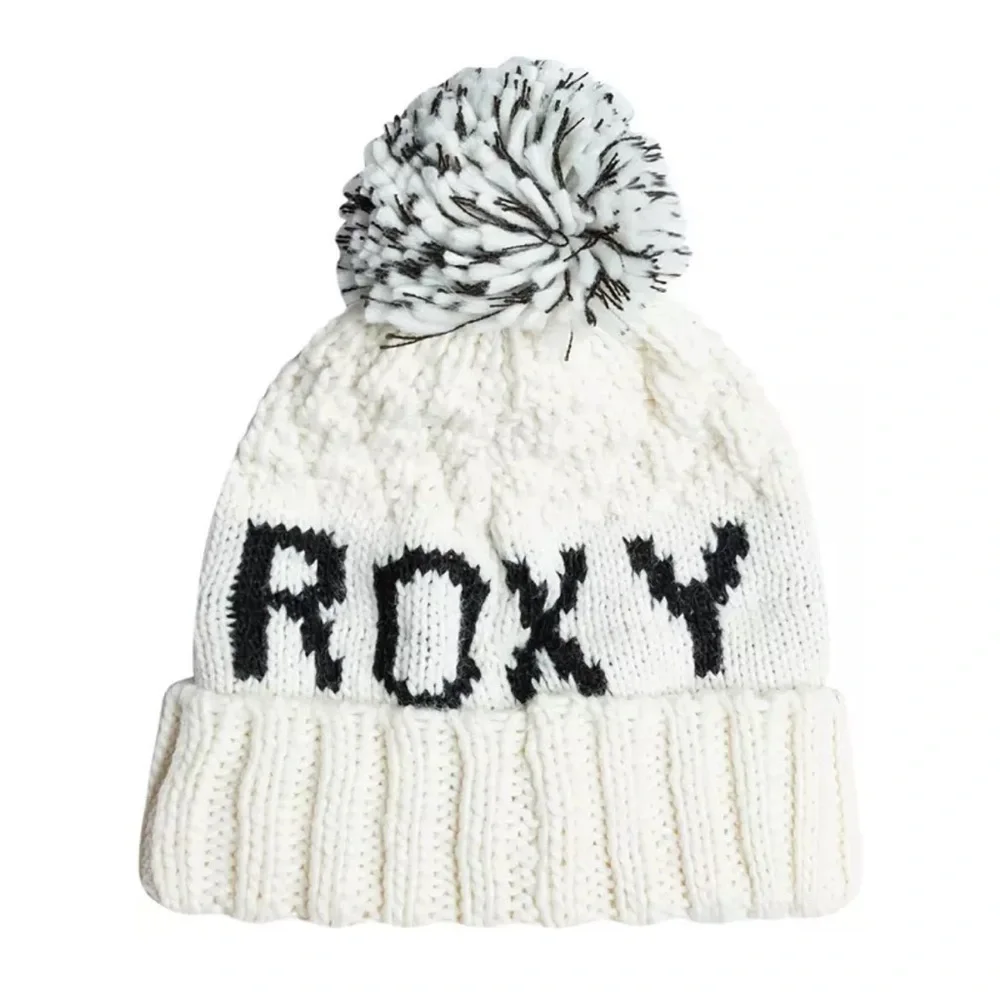 Roxy Women's Tonic Beanie Hat Egret White Pom Fleece Lined Band NWT